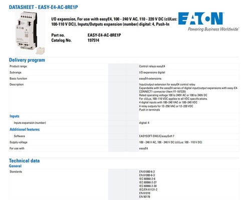 DI/O 전원 공급원 100-240V AC/DC EASY-E4-AC-16RE1P 8DI8RO 및 푸시인 터미널